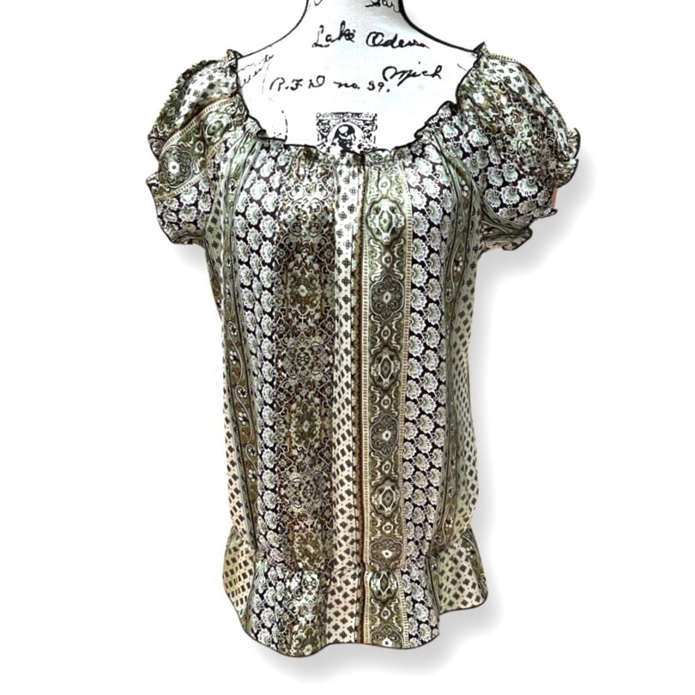 Cato Paisley Ruffle Short Sleeve Blouse Green Brown Boho Top Size S EUC